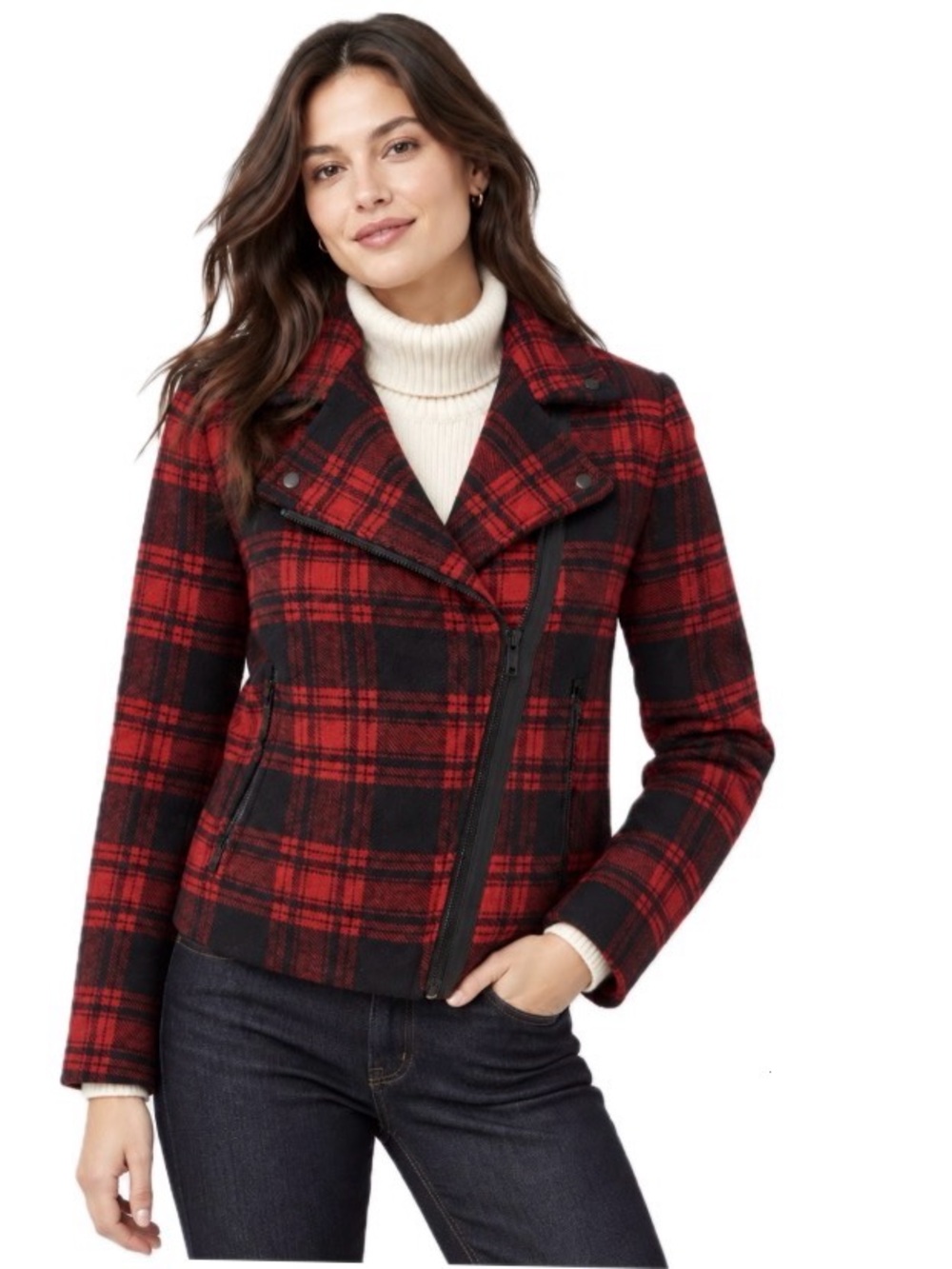 GAP, Red Black Plaid Wool Blend Moto Jacket Biker Holiday Tartan, Size S